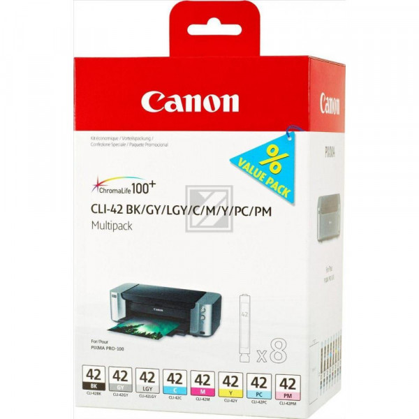 Canon Tintenpatrone gelb cyan grau magenta schwarz hellgrau Photo cyan Photo magenta (6384B010, CLI-42BK CLI-42C CLI-42GY CLI-42LGY CLI-42M CLI-42PC CLI-42PM CLI-42Y)