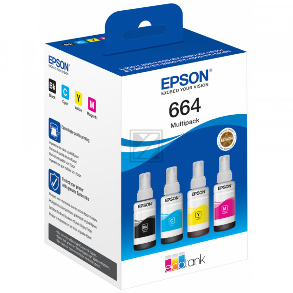 Epson Tintennachfüllfläschchen gelb, cyan, magenta, schwarz (C13T664640, 664)