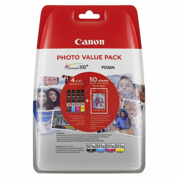 Canon Tintenpatrone Fotopapier 10 x 15cm gelb cyan magenta schwarz HC (6443B006, CLI-551XL)